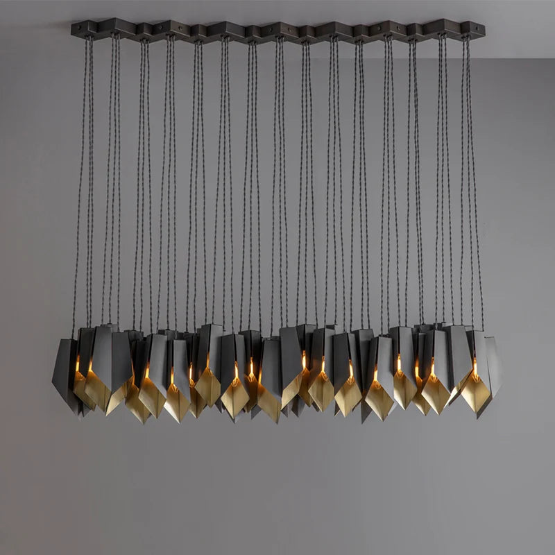 Modern chandelier with geometric design on a gray background